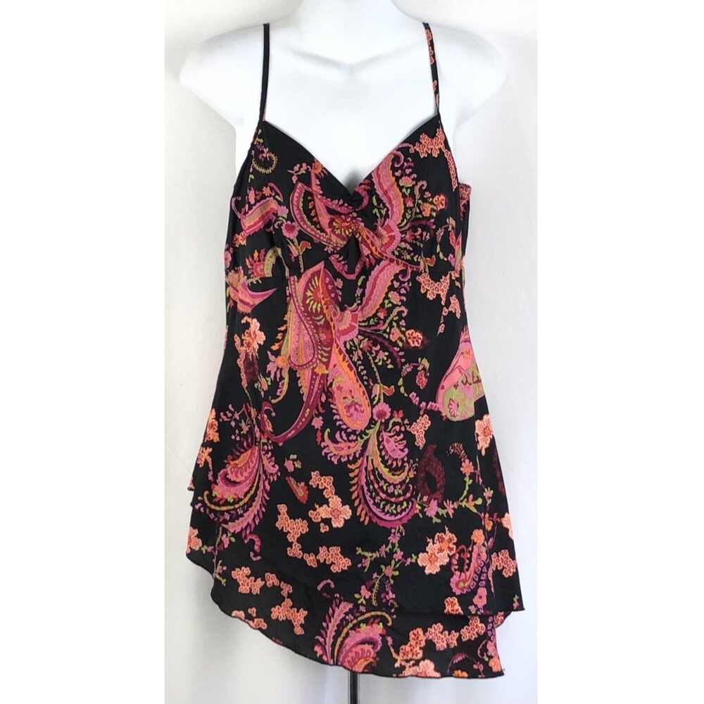 Tank mini dress m blk/pink paisley ruched sweetheart Tiered Hi Lo psychedelic